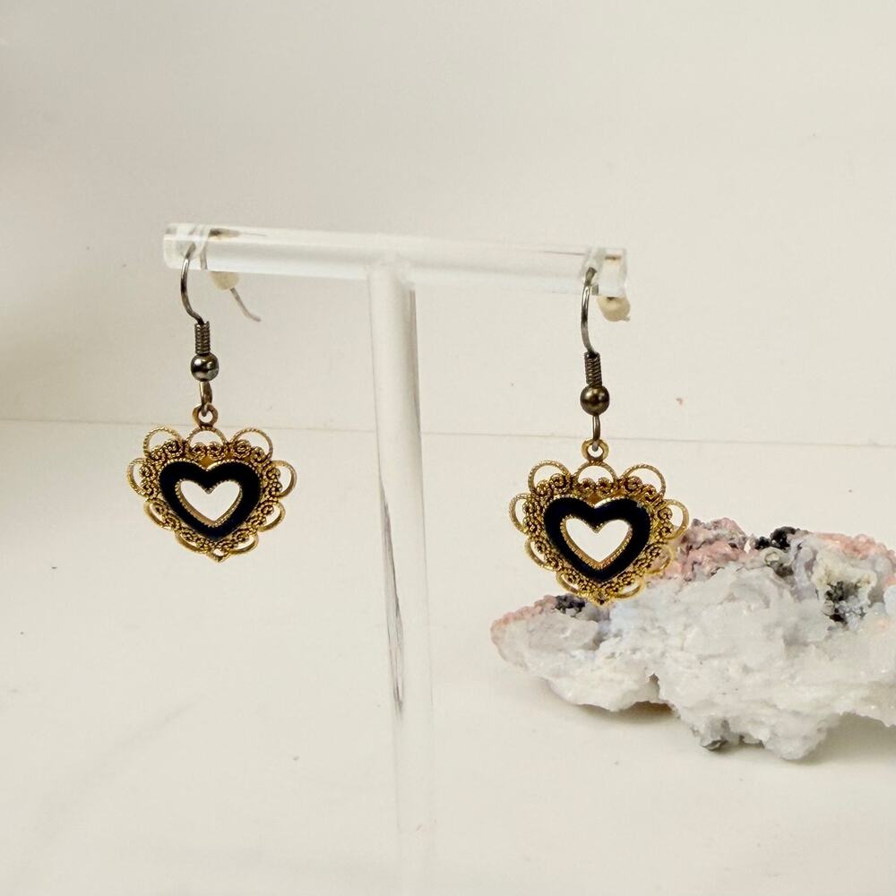 Dangly Heart Gold Earrings | 90s Lacey Gold-Tone Heart Earrings